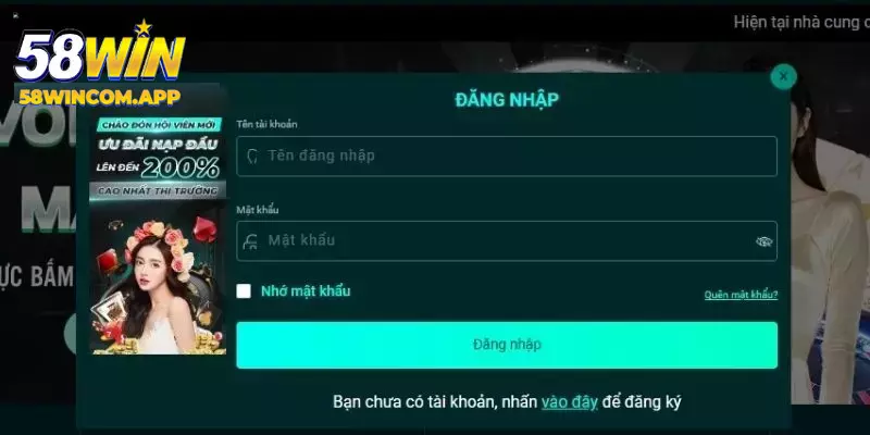 Điền thông tin để đăng nhập 58win 